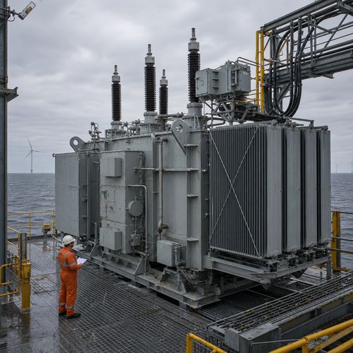 info-1-1 Offshore wind transformer installed on an offshore substation platform with corrosion-protected tank and radiator bank
