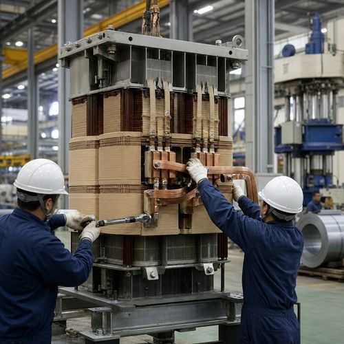 info-1-1 Oil immersed transformer factory in China assembling a 132 kV export transformer core and coil