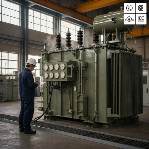 info-1-1 Engineer recording oil sample data beside an oil-immersed transformer at factory test bay