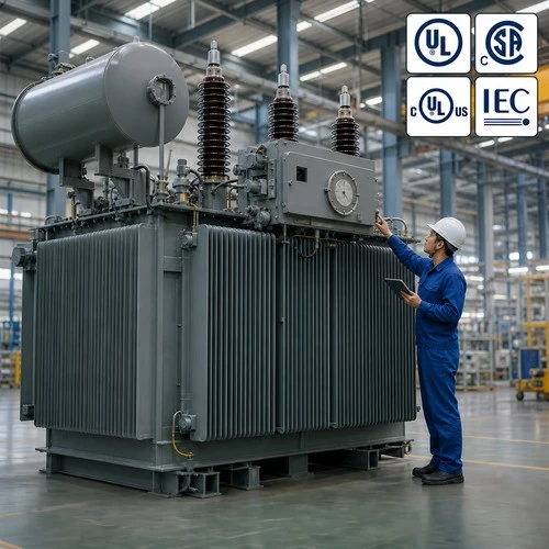 info-1-1 Oil-immersed power transformer with on-load tap changer motor drive mechanism in a transformer factory