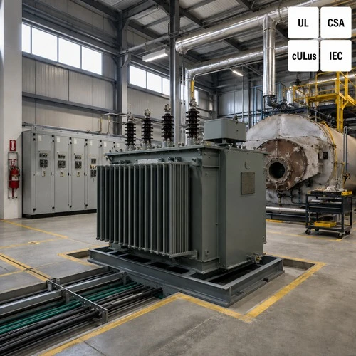 info-1-1 Custom three phase transformer in an industrial boiler house with UL, CSA, cULus and IEC certification marks on the nameplate