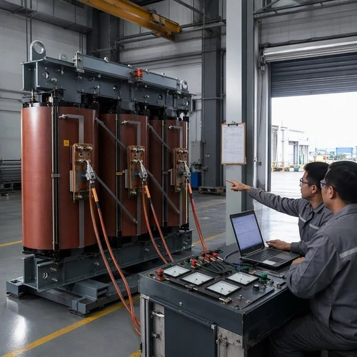 Three phase distribution transformer under routine turns ratio and winding resistance test in a factory test bay