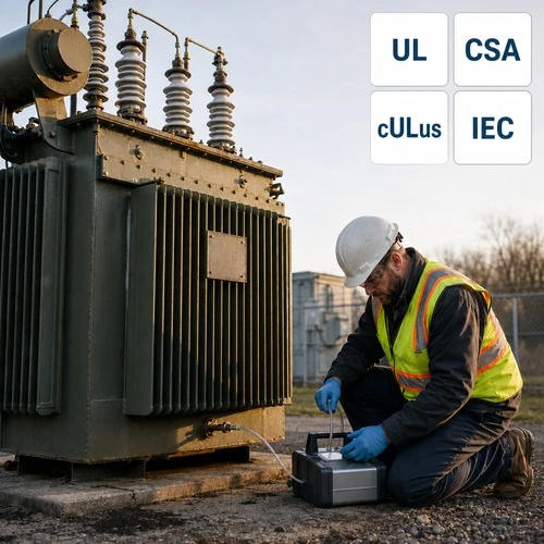 Field service engineer testing an oil immersed transformer with a portable oil analysis instrument on an outdoor concrete pad