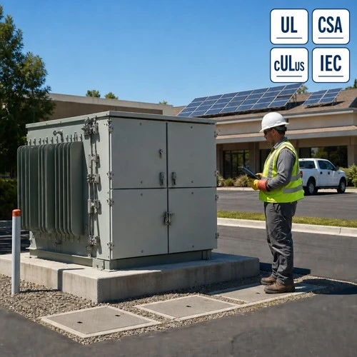 info-1-1 Reverse power flow on a DER-heavy feeder: pad mounted transformer in service beside a commercial building with rooftop solar arrays
