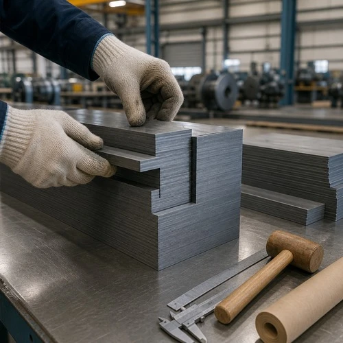info-1-1 Hands stacking grain-oriented steel laminations into a transformer core, step-lap joint