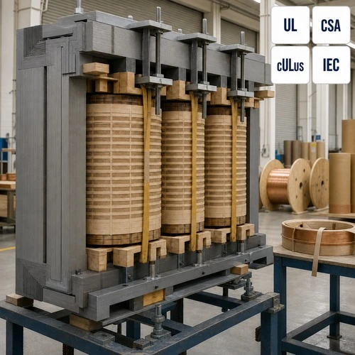 info-1-1 Transformer core and coil assembly in a factory winding shop, transformer construction detail