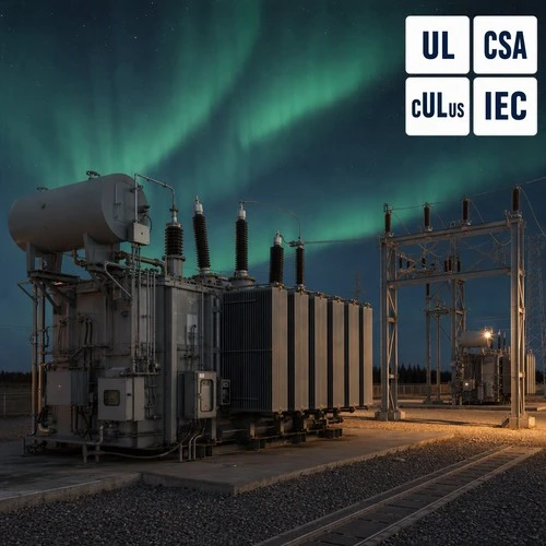 info-1-1 Aurora over a northern substation with a large oil immersed transformer, GIC and geomagnetic disturbance context