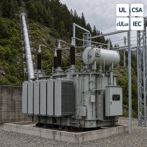 Oil-immersed hydropower transformer installed outdoors at a pumped storage station with UL CSA cULus IEC certification marks