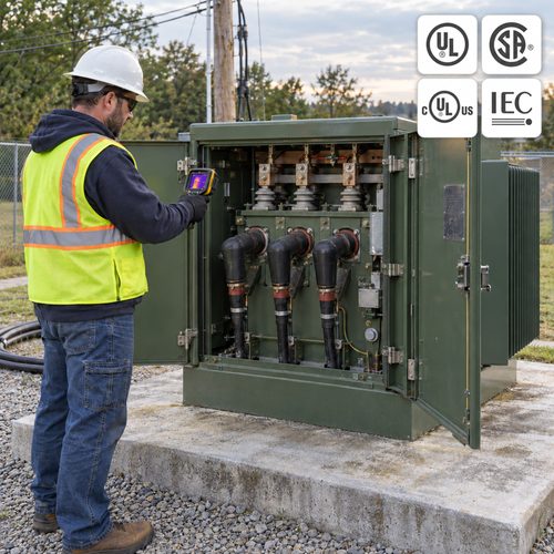 Pad mounted transformer maintenance inspection with an infrared camera on a three-phase unit