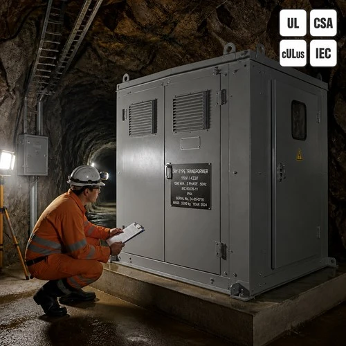Cast resin dry-type mining transformer inside an underground mine substation, engineer checking the IP44 enclosure nameplate