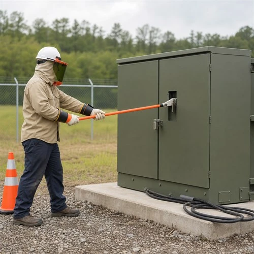 info-1-1 Utility lineworker operating the external load-break switch handle of a pad-mounted transformer with an insulated hot stick