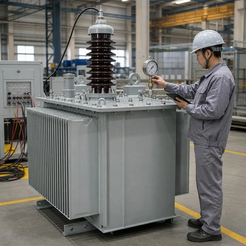 info-1-1 Factory pressure test of a sealed submersible transformer tank with wet-rated high-voltage bushings