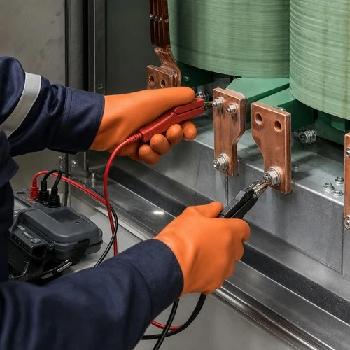 Test leads connected to the copper terminal bars of a dry type transformer insulation resistance test
