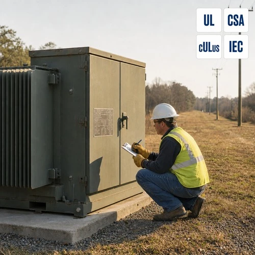 info-1-1 Pad-mounted liquid-immersed distribution transformer on a concrete utility pad as a lineman reads the nameplate
