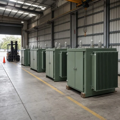 info-1-1 Row of completed pad-mounted transformers on a factory dispatch apron awaiting shipment