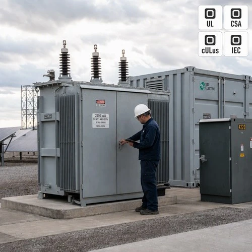 info-1-1 Microgrid transformer and battery storage enclosures on a concrete pad, campus microgrid site