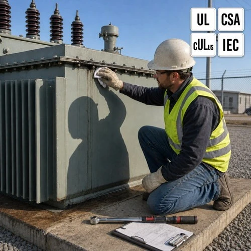 info-1-1 Field engineer wiping an oil weep trace at the cover flange of a pad-mounted transformer - transformer oil leaks inspection