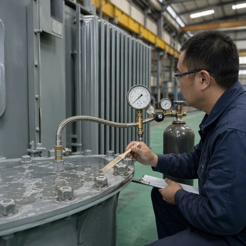 info-1-1 Soap solution bubble test and pressure gauge on an oil-immersed transformer tank during a factory leak test
