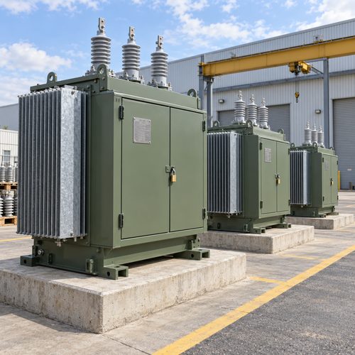 Three phase pad mounted transformers on concrete pads in a transformer factory test yard